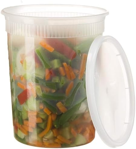 Basix Deli Containers with Lids, 32 Oz Leakproof Plastic, 24 Count | Microwave & freezer safe, for soup, snacks, leftovers, takeout & picnics