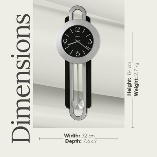 Howard Miller Gwyneth Wall Clock – Black Dial, Arabic Numerals, Quartz Movement, Silver Pendulum Bob, Brushed Nickel & Satin-Black Finish