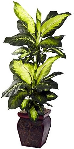 Nearly Natural 45 in Artificial Golden Dieffenbachia with Decorative Pot | Lush Variegated Leaves, Faux Greenery in Decorative Planter