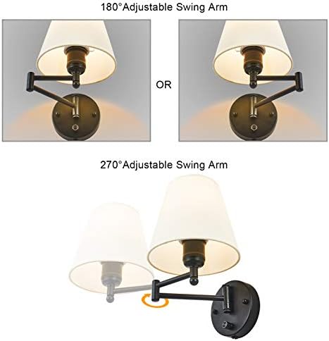 Swing Arm Wall Lamp Plug in Wall Mount Opaque Ivory Linen Shade 40W 2-Way Cord Covers(1 Light)
