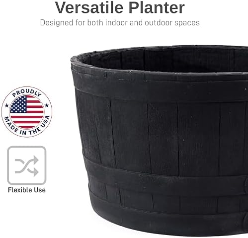 RTS Companies Home Accents 24" Whiskey Barrel Planter, Durable Polyethylene Indoor/Outdoor Flower Pot, Weather-Resistant Plastic Garden Planter, Black, 1-Pack
