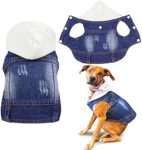 SILD Pet Dog Jeans Jacket Vest with Hooded Blue Dogs Hoodies Denim Cat Coat | Boy Girl Male Dogggie Puppy Cute Vintage Cool Classic Small Medium Machine Washable Apparel Clothes Outfit T-Shirts Costume