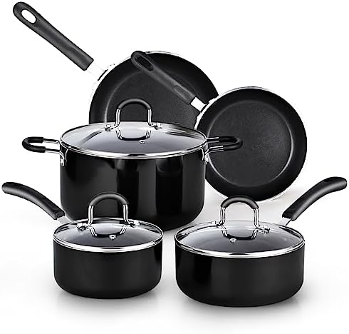 Cook N Home 8-Piece Nonstick Pot and Pan Set with Lid Induction Compatible | Cookware Set Includes Saucepan with Lid, Stockpot with Lid, Frying Pan, Kitchenware set Non Stick, Black