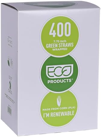 Eco-Products Compostable Paper Wrapped Plastic Straws, 7.75" Long, 5mm Diameter, Case of 9600, Green Disposable Plant Based PLA Plastic