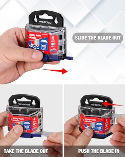 WORKPRO Utility Knife Blades, 100-Pack SK5 Steel Blades with Dispenser | Premium Steel Standard Blades for Box Cutter, Ideal for Cardboard, Leather, Carpet, Rope, Soft Metal, Pipe, etc