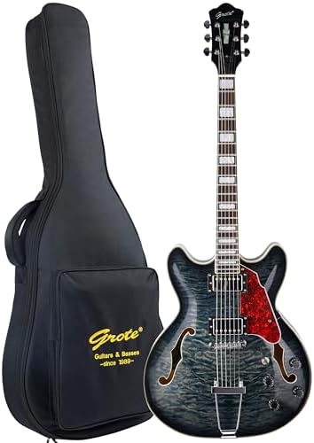 GROTE Jazz Electric Guitar Semi-Hollow Body Trapeze Tailpiece Bridge Guitar Gig Bag (RED)