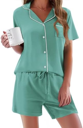 Ekouaer Pajamas Set for Women Short Sleeve Sleepwear Button Down Pj XS-XXXL | Summer 2 Piece Lounge Set, Soft Fabric, Drawstring Waistband, for Bridesmaid Bride Party, Plus Size, Petite, Cute Pattern
