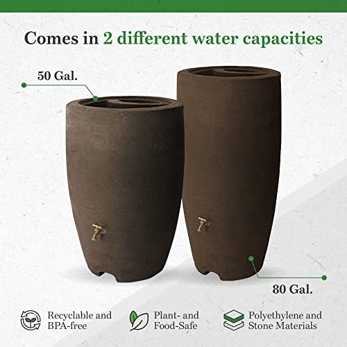 Algreen Rain Barrel - 80 Gallon with Brass Spigot, 2 Pack - Plastic | Brownstone Finish, Roto Molded Construction, Chip Fade Crack Resistant