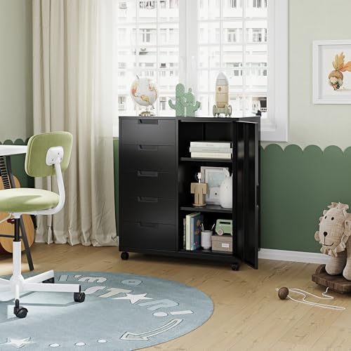5 Drawer Storage Cabinet, Mobile Printer Stand for Home Office,Dresser Chest with Shelves and Door(White)