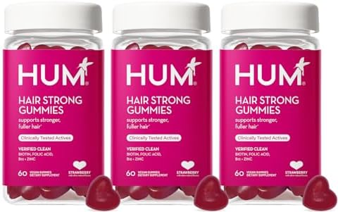HUM Hair Strong Strawberry Gummies, Hair Growth Support, 60 Count | Folic Acid, Fo-Ti Root Extract, Biotin, Zinc & B12, Vegan Strawberry Gummies, Women & Men
