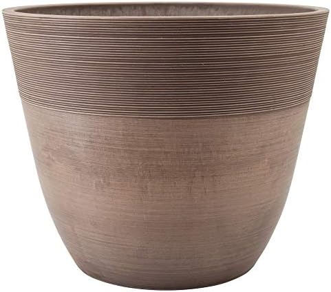 PSW Pot Collection 12-inch Plastic/Stone/Wood Composite Large Ribbed Planter – No Drainage Hole (Drillable), Indoor/Outer Garden Pot for Foliage