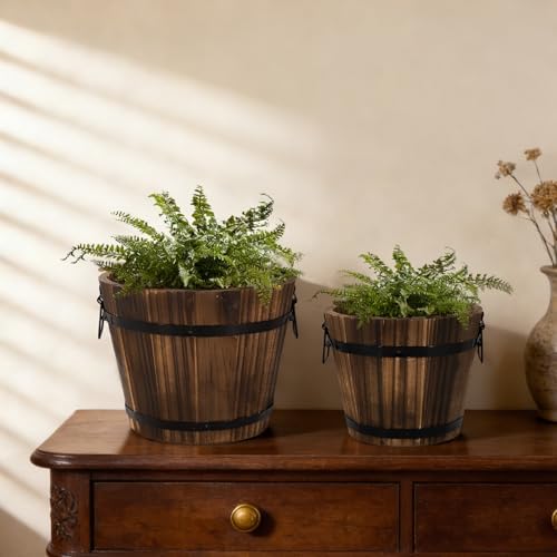 Wooden Barrel Planters, 8 inch 7 inch Plant Pot with Drainage Holes for Indoor Plants Decor, Set of 2