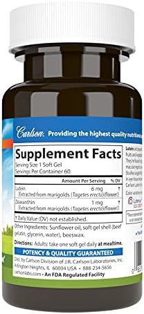 Carlson Lutein, 6 mg, + Zeaxanthin, Made with Lutemax 2020, 60 Softgels | Healthy Vision; Eye Function