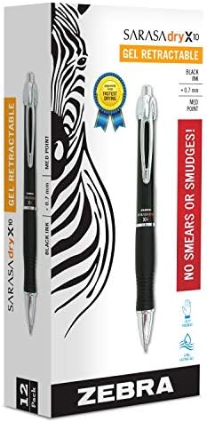 Zebra Pen SARASA X10 Retractable Gel Pen, Black Ink, 0.7mm, 12-Pack | Rapid-Dry Ink, Smooth, Smear-Resistant, Wide Barrel, Ideal for Left-Handed Writers, Note-Taking, Medium Point Tip (42620)