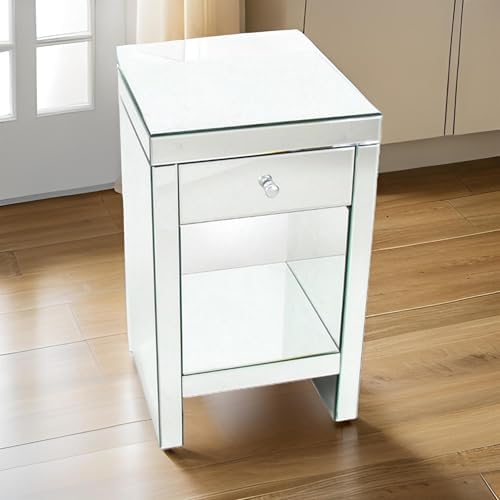 Benjara 26" Beveled Mirror Chest with 1 Drawer- Silver