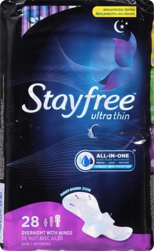 Stayfree Ultra Thin Overnight Pads Wings, Period and Leaks, 28 ct