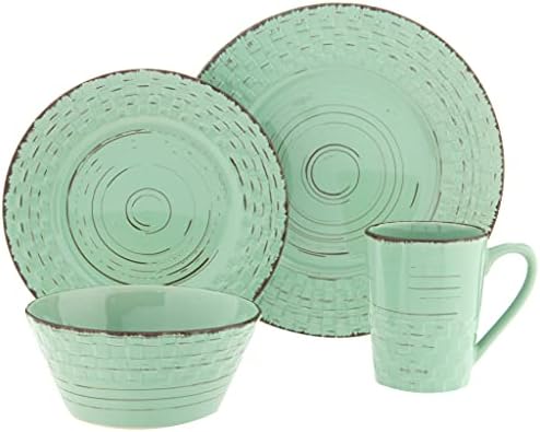 Lorren Home Trends Distressed Weave Dinnerware Set, Buttercup, 16 Piece | Service for 4