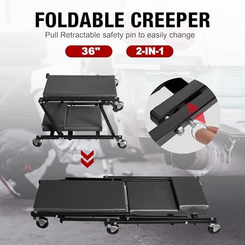 BIG RED Rolling Garage/Shop Creeper: 2-Piece, 36" Padded Mechanic Cart with Headrest and 6 Casters, Red,AR7565B,Torin