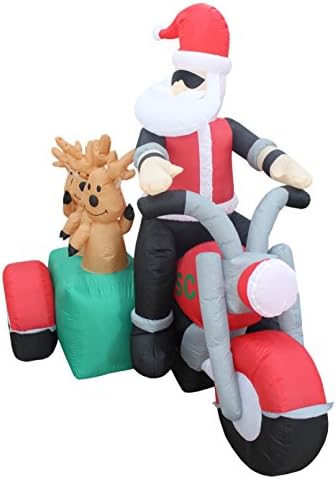 6 Foot Long Inflatable Santa Claus and 3 Reindeers in a Motorcycle | Outdoor Yard Blow-Up Holiday Decoration, Built-in Lights, Self-Inflating