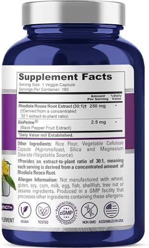 Rhodiola Rosea, Non-GMO, vegan, 250mg, 180 Veggie Capsules - 180 Servings | Plant Based 30:1 Extract, BioPerine, Suitable for Adults