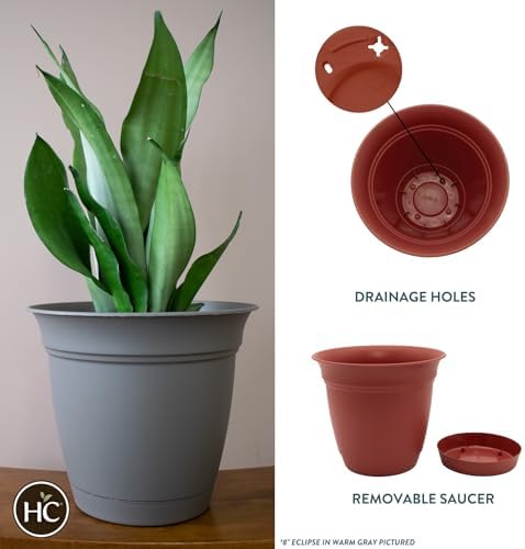 The HC Companies Eclipse Round Planter with Saucer - Outdoor & Indoor Plant Pot with Drainage Holes - Lightweight