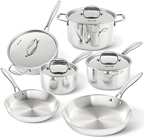 Duxtop Tri-Ply Stainless Steel Induction Cookware, 10PC Pots and Pans Set | Whole Clad 3-Layer Steel, Family Cookware Set, Even Heating