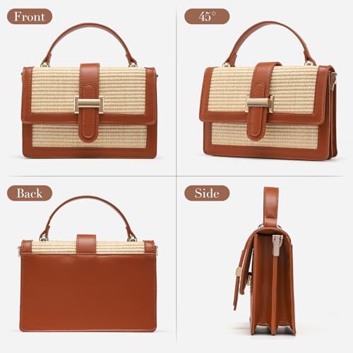 Straw Crossbody Bag, Vegan Leather Patchwork Summer Purse with Top Handle, Small Woven Bag for Beach & Wedding