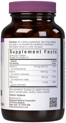 Bluebonnet Nutrition Calcium Magnesium Zinc Plus Vitamin D3, 1000 mg of Calcium, 500 mg of Magnesium and 15 mg of Zinc, 400IU Vitamin D3, For Strong Healthy Bones*, Gluten-Free, Dairy-Fee, 120 softgel | Third-party tested for purity and potency; manufact…