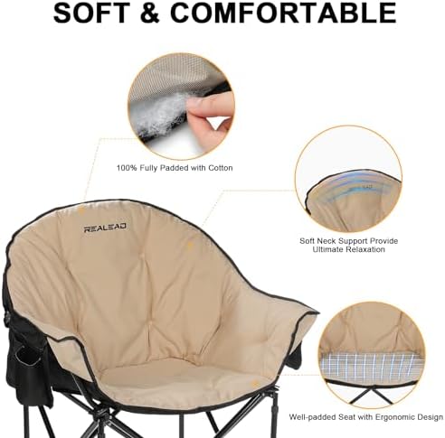 Oversized Camping Chairs Padded Heavy Duty Folding Support 400LBS | Comfy Lawn Chairs for Adults Outdoor Sports with Side Mesh Bag & Cup Holder, Portable Foldable, Sturdy Steel Frame (Grey)