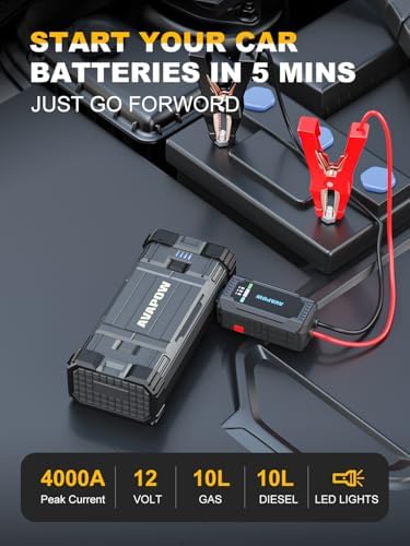 AVAPOW Car Jump Starter, 4000A Peak Battery | For All Gas or Up to 10L Diesel, Portable Booster Power Pack, 12V Auto Jump Box with LED Light