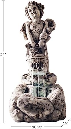 Outdoor Water Fountain With LED Lights, Lighted Cherub Angel Fountain With Antique Stone Design for Decor on Patio