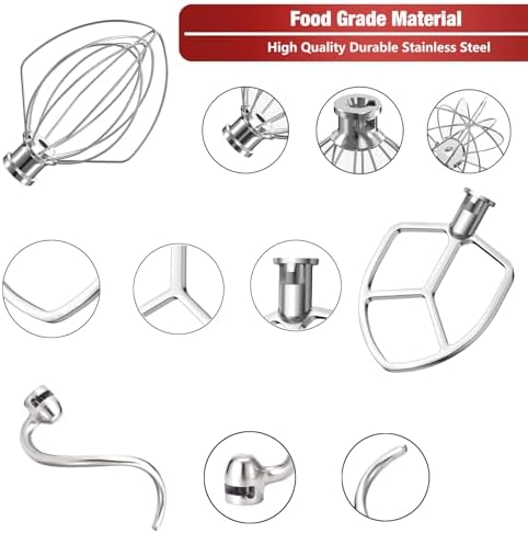 Stainless Steel Stand Mixer Attachments 3-Piece (4.5-5QT Flat Beater, 4.5-5QT Dough Hook, K45WW 6-Wire Whip Attachment) for KitchenAid Tilt-Head Stand Mixer and 4.5-5 Quart Bowl, Dishwasher Safe