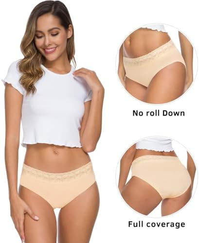 Wealurre Underwear Women Cotton Lace Waisted Bikini Panties 5-Pack