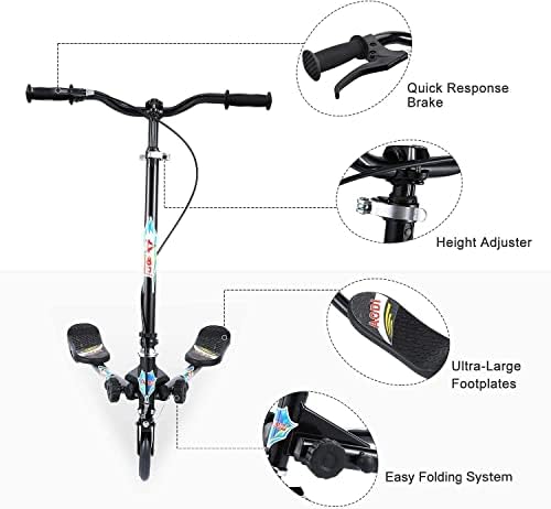 Swing Scooter for Kids, 3 Wheels Foldable Wiggle Kick Scooter Push Drifting with 4 Adjustable Handlebar & 2 Rear LED Wheel for Boys and Girls Ages 3-8