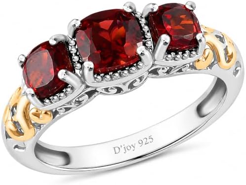 3 Stone Garnet Ring Silver with 14K Gold Plating January Birthstone Ring