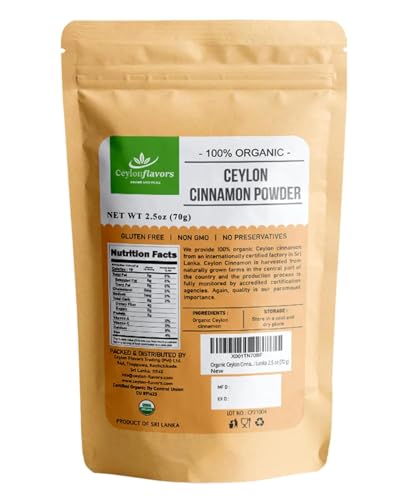 Ceylon Flavors Fresh and Pure USDA Certified Organic Ceylon Cinnamon Powder Premium Grade 2.5oz (70g)