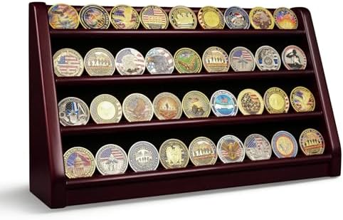 ASmileIndeep 3 Rows Wooden Challenge Coin Wall Display Stand - Military Coin Holder Army Coins Rack, Holds 21-24 Coins, Mahogany