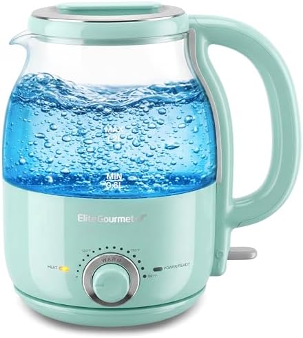 Elite Gourmet 1.2L Glass Kettle, 1200W Fast Boil, Temp Control, Mint