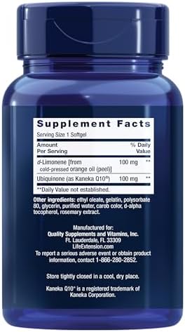 Life Extension CoQ10 (Ubiquinone) with d-Limonene – Heart Health, Fight General Fatigue, Better Absorption – Gluten-Free, Non-GMO – 60 Softgels