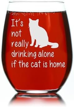 C M The Cat is Home Funny Stemless Wine Glass, Style C1 | Cat Themed Gift, For Women and Men, 17 oz