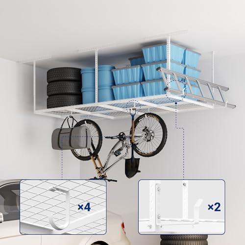 FLEXIMOUNTS 4x8 Overhead Garage Storage Rack with Hooks, Black