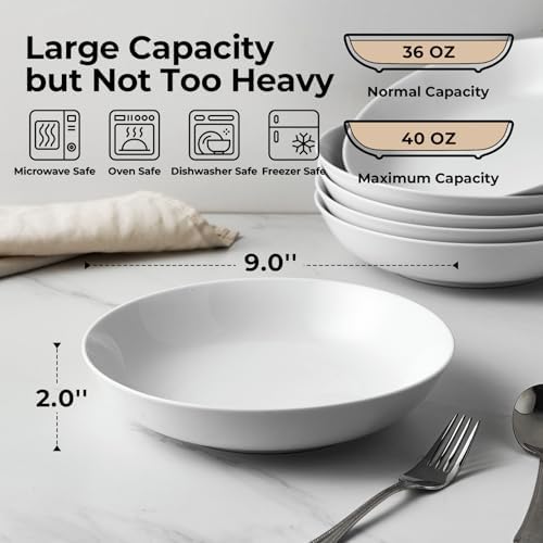 Y YHY 9" Pasta Bowls, 40oz Large Salad Bowls Set of 6, Wide Shallow Ceramic Bowls for Serving Soup, White Dinner Plates Set for Kitchen