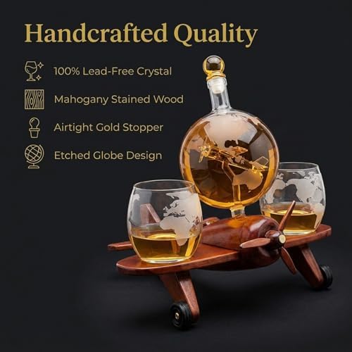 Godinger Whiskey Decanter Airplane Globe Set with 2 World Whiskey Glasses - for Liquor Scotch Bourbon Vodka