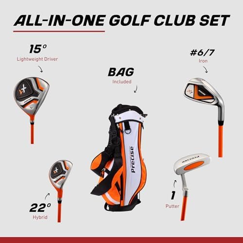 Precise - Kids Golf Club Set | Lightweight graphite shafts, hybrid & irons, putter, stand bag included, for boys and girls, ages 3-12, left/right hand