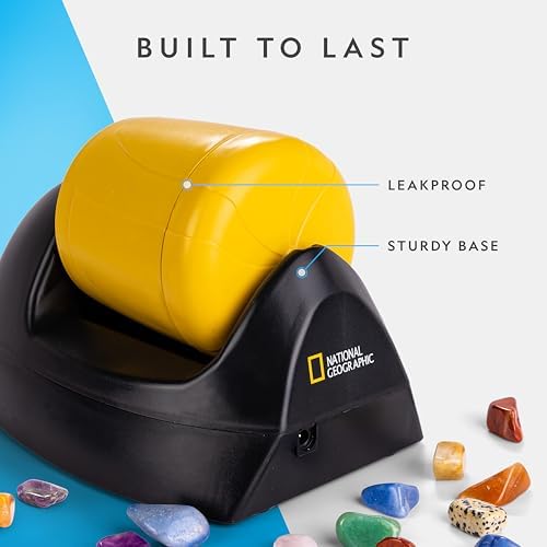 National Geographic Starter Rock Tumbler Kit for Kids and Adults | Leak-Proof Rubber Barrel, 1/2 Lb. Rough Gemstones, 4-Stage Polishing Grit
