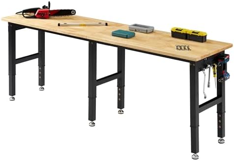 Albott 44 x 20-Inch Adjustable Workbench | 2000 Lbs Capacity, Solid Rubber Wood Top, Power Outlets and Hooks, for Garage, Workshop and Home Office, Black