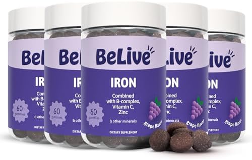 Belive Iron Gummies, Multivitamin Supplement, Blood Oxygen Support, 60 Ct | With Vitamin C, B Complex, Folate, and Zinc for Women, Men & Kids for Growth and Development, Grape Flavor