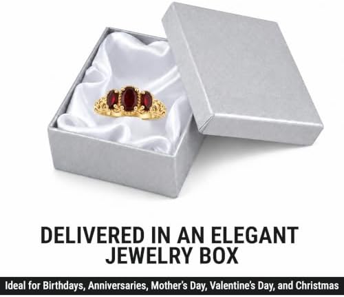 3 Stone Garnet Ring Silver with 14K Gold Plating January Birthstone Ring
