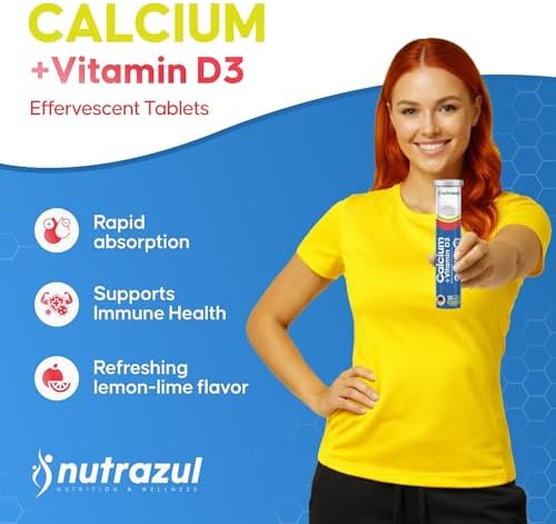 Nutrazul Calcium + Vitamin D3 Effervescent Tablets, for Bone Health Maintenance, 500 mg Calcium and 2.5 mcg Vitamin D3