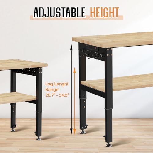 Albott 48" Adjustable 2-Tier Workbench with Solid Wood Top, Max 2500lbs Capacity, Built-in Power Strip with 4 AC Outlets & 2 USB Ports
